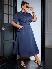 Sollinarry Plus Size Women Urban Casual Contrast Color Multi Pocket Belted Denim Effect Dress, Spring