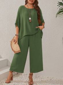 EMERY ROSE Ensemble de chemise à manches chauve-souris pour femmes grandes tailles bleu foncé à encolure ronde et de pantalon large avec poches pour l'été
