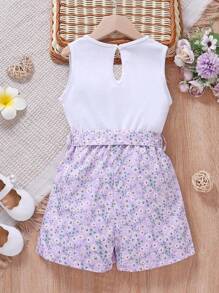 SHEIN Vintaside Kids Cô Gái Trẻ Hoa Lộn xộn & In Trái tim Thắt lưng Romper - Nhiều màu - Xem 2