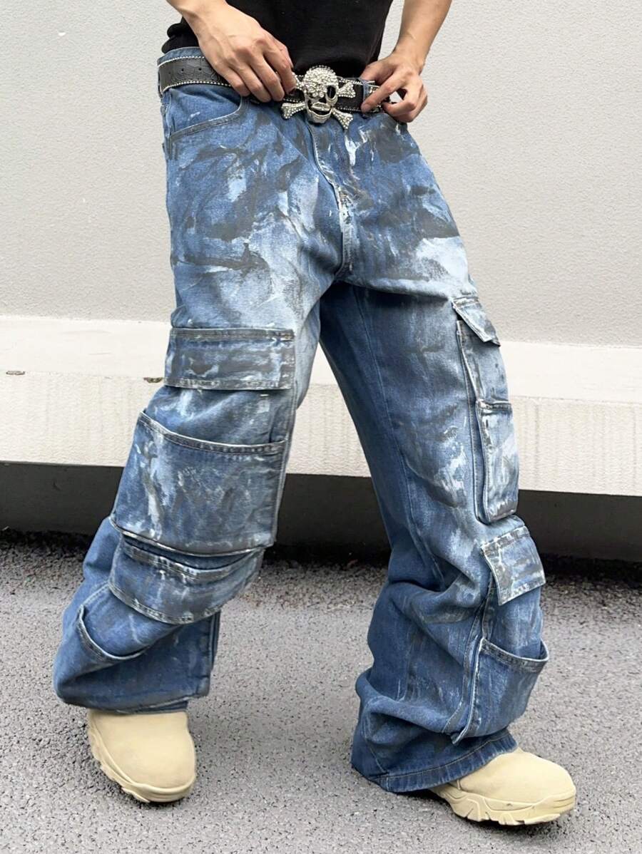 Manfinity Roghcode Jeans denim pour hommes à coupe ample avec design de poche - Bleu azur - Voir 1