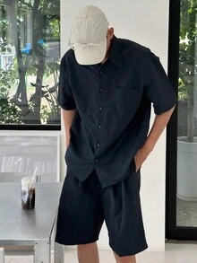 DAZY 男式夏季休閒純色短袖襯衫和短褲套裝