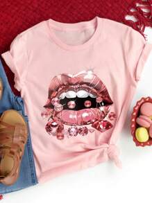 Calvaya Women's Diamond Lips Printed T-Shirt