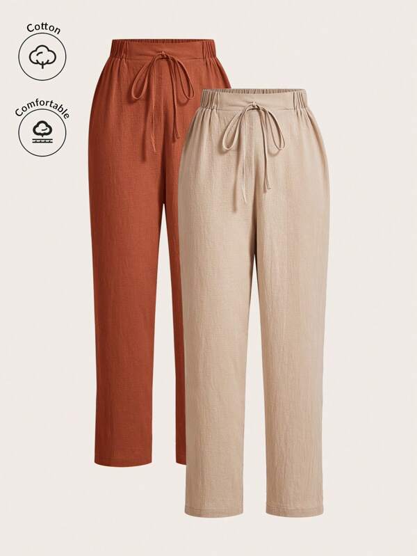 SHEIN Frenchy Pantalones de lino de cintura elástica informal, cómodos y transpirables, adecuados para uso diario, vacaciones y viajes