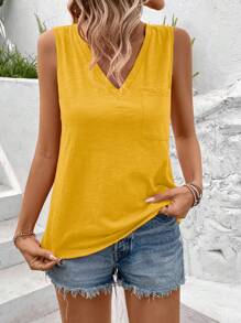 SHEIN LUNE Camiseta de tirantes de verano casual de unicolor con cuello en V para mujer - Amarillo - Ver 4