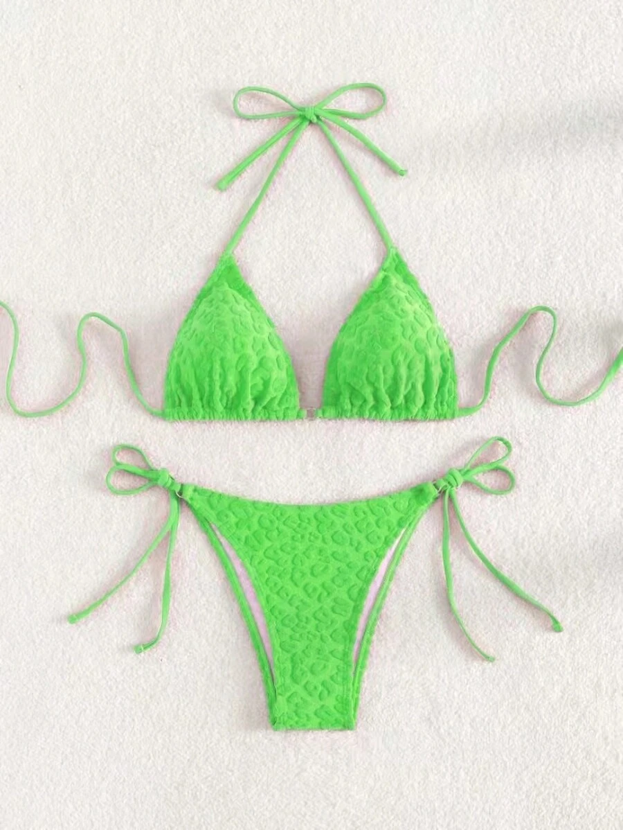 SHEIN Swim 女款純色露背頸帶性感比基尼套裝，完美適用於度假或海灘