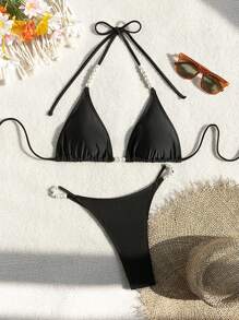 SHEIN Swim Women's Vacation Faux Pearl Decorated Halter Neck Tie Sexy Bikini Set,Summer Beach - Black - View 1