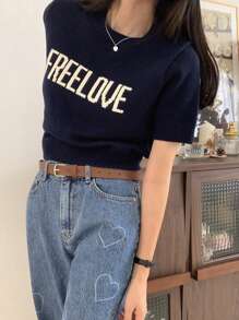 DAZY Áo len chữ ngắn tay thời trang dành cho nữ, trang phục hàng ngày - Màu xanh hải quân - Xem 6