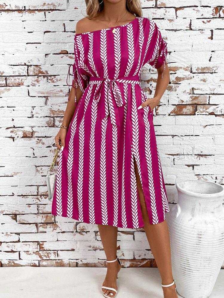 Asymmasymmetrical Neck Holiday Printed Midi Dress