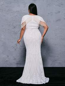 seomiscky Plus Size Women's Fashionable V-Neck Beaded Bodycon Evening Dress - White - View 2