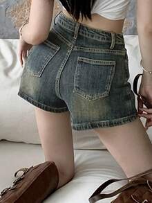 女士工装口袋不对称下摆休闲牛仔裤裙 - 藍色 - 查看 2