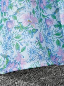 Baby Girl Elegant Gorgeous Vintage Flower Pattern Printed Batwing Sleeve Dress, Perfect For Spring And Summer - Blue - View 5