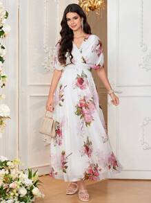 Loomaby Maternity Elegant Rose Floral Print V-Neck Wrap Short Sleeve Dress, Loose Fit For Pregnant Women - Red and White - View 4
