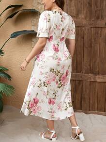 SHEIN Privé Plus Size Women Apricot Base Floral Print Short Sleeve Square Collar Cinched Waist Fishtail Hem Dress, Suitable For Daily Wear, Shopping, Outing, Date - Baby Pink - View 2