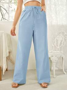 SHEIN Essnce Women's Solid Color High Waist Wide Leg Casual Pants With Belt And Pockets - Baby Blue - View 3