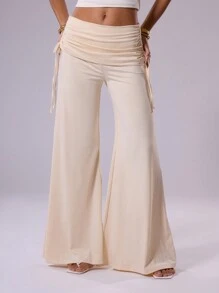 MUSERA Quần ống rộng cạp thấp, gập gấu, kiểu dáng thanh lịch, gợi cảm, sành điệu, thích hợp cho mùa hè hoặc lễ Phục sinh. - Màu be - Xem 1