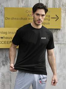 Manfinity Sport Corelite 男士字母印花圆领短袖运动T恤健身上衣灰色篮球图案T恤球衣男士修身圆领压缩T恤 - 黑色 - 查看 6