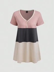 SHEIN LUNE Women's Summer V-Neck Multi-Color Patchwork Batwing Sleeve T-Shirt - Apricot - View 4