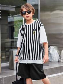 Tween Boy 2 peças/conjunto de ajuste solto casual listrado 2 em 1 camiseta de manga curta e shorts - Preto - Ver 3