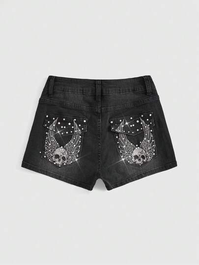 Grunge Punk Short d'été à la mode pour femmes avec design tête de mort et aile, école