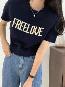 DAZY Áo len chữ ngắn tay thời trang dành cho nữ, trang phục hàng ngày - Màu xanh hải quân - Xem 3