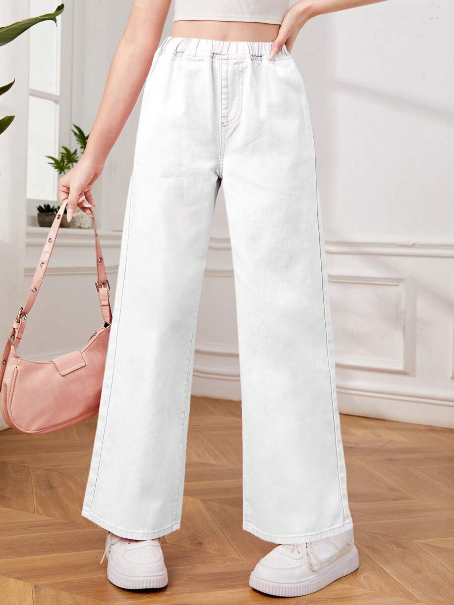 SHEIN Teen Girl Solid Color Elastic Waist Wide Leg Jeans With Pockets - White - View 1