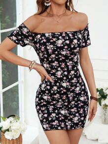 SHEIN VCAY Vestido de verano con hombros descubiertos y estampado floral para mujeres