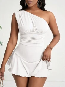 Zolique Women's Summer Solid Color Asymmetrical Neck Ruffle Trimmed Skinny Jumpsuit