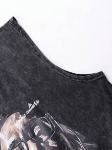 ROMWE MEN 男士2入組人像印花背心和短褲套裝，非常適用於春夏日常穿著 - 黑色 - 查看 6