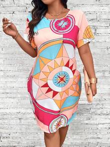 Calvaya 女士加大尺碼時尚圓領幾何印花多功能連衣裙 - 粉色 - 查看 3