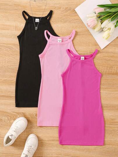 SHEIN 年輕女孩純色簡約休閒夏季吊帶連衣裙