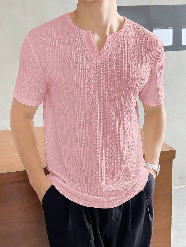SWAVVY Men's Summer Solid Color Knitted Short Sleeve Casual T-Shirt With V-Neck