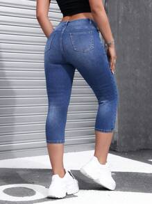 SHEIN EZwear Calça Denim Feminina Skinny 3/4 Simples Para Uso Diário - Lavagem Média - Visão 3