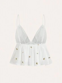 SHEIN Frenchy Summer Fresh Daisy Print Ruffle Hem Halter Top, Suitable For Summer Vacation, French Style, The Fabric Is Comfortable And Skin-Friendly Flower White - White - View 4