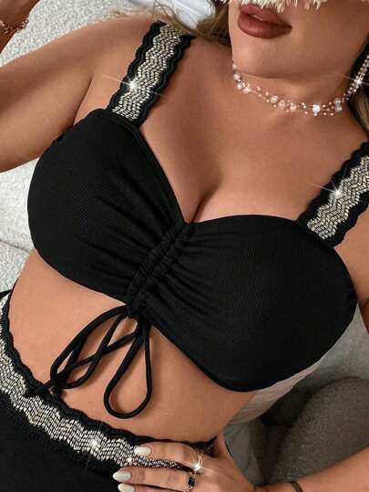 Swim Lushoire 加大尺碼束口海灘泳裝上衣，編織肩帶拼接設計，適用於度假