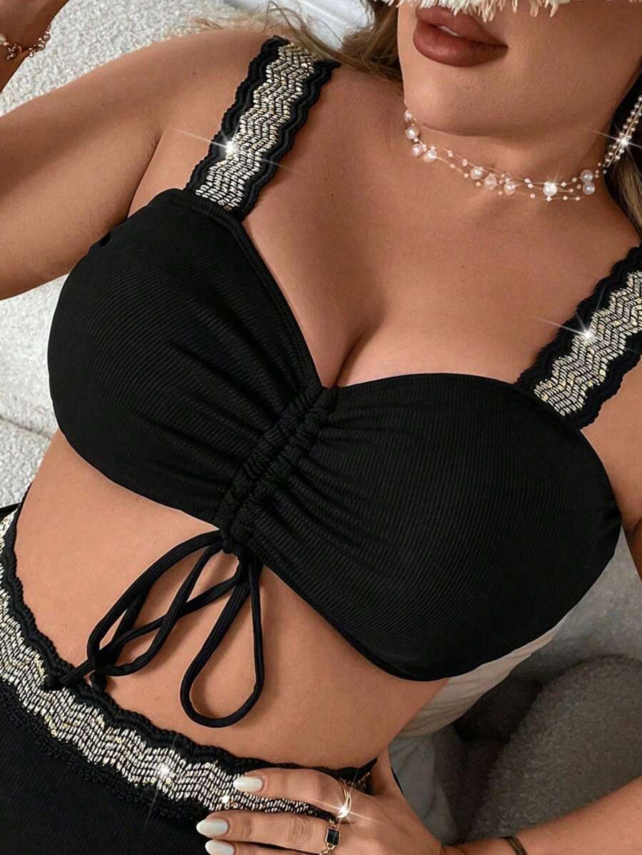 Swim Lushoire Top de traje de baño de talla grande con cordón y diseño de parche de tela tejida con correa para la playa durante las vacaciones - Negro - Ver 1