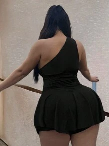 Maweii 大码女式纯色针织性感连体衣，单肩二合一，夏季 - 黑色 - 查看 2