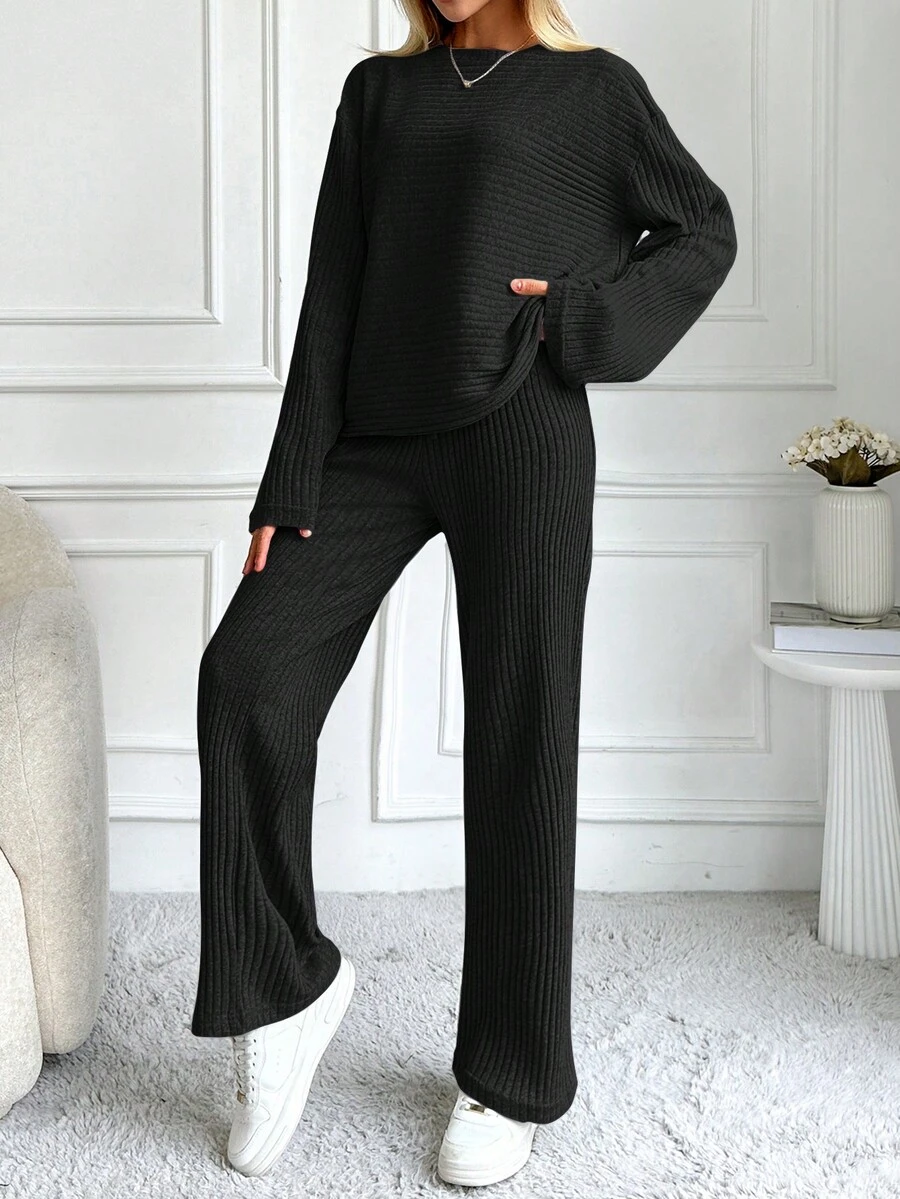 Cottnline Cotton Women's Solid Color Ribbed Slim Fit Round Neck Long Sleeve Top And Pants Two-Piece Set - Black - View 1