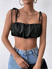 Women's Fashionable Ruched Crop Top With Spaghetti Straps, Summer - Black - View 3