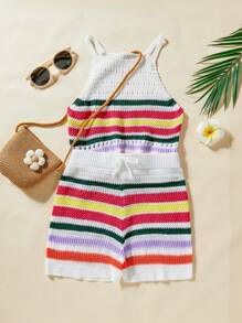 少女假期條紋無袖背心、褲子和毛衣套裝，採用露背領設計 - 白色 - 查看 5