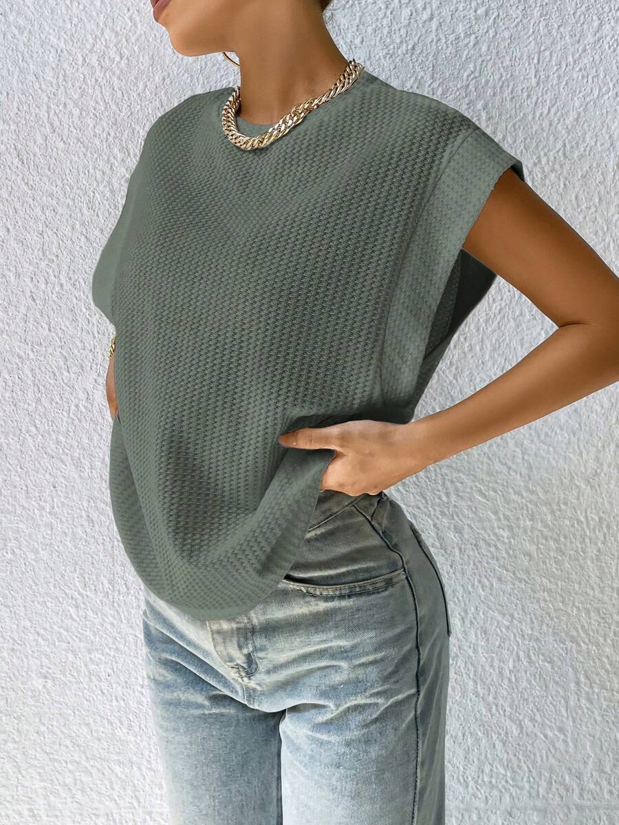 SHEIN Essnce Solid Color Cap Sleeve Knitted Round Neck T-Shirt - Green - View 1