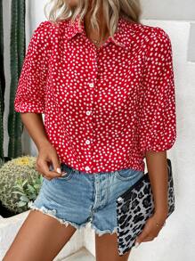 SHEIN LUNE Camisa de manga de linterna de ocio festivo con pequeño estampado floral
