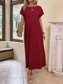 EMERY ROSE Ladies Solid Color Simple Round Neck Long Dress For Daily Wear - Burgundy - View 4