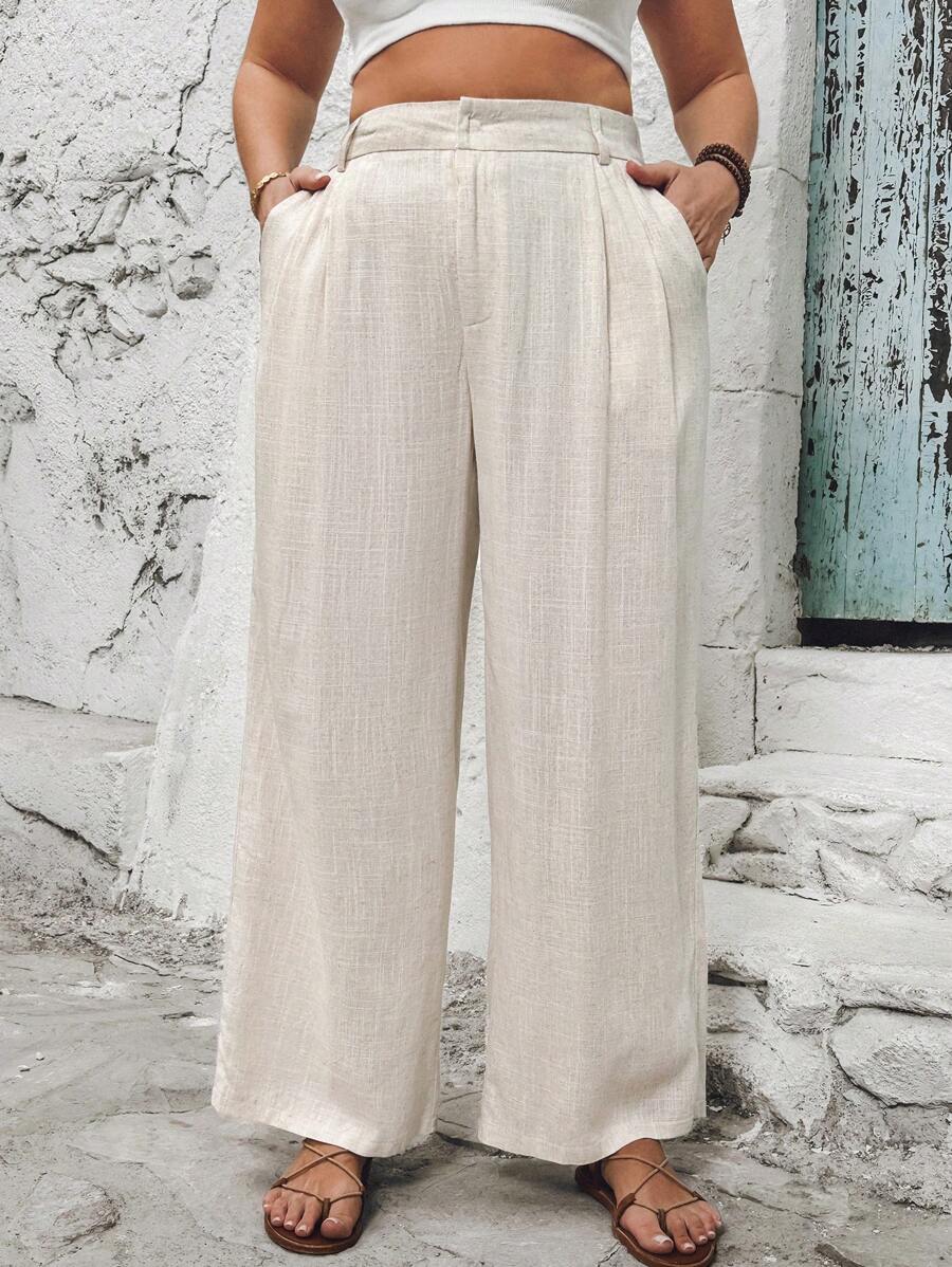 SHEIN VCAY Plus Size Holiday Apricot Linen Pocketed Women's Summer Long Pants - Apricot - View 1