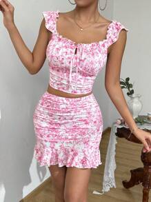 Zolique Women's Frill Trim Ruffled 2-Piece Top & Skirt Set With Flutter Sleeves - Hot Pink - View 6