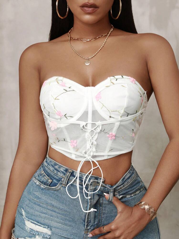 3D Floral Embroidered Bustier Top With Shoulder Straps