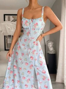 Siren Gaze Vintage Garden Queue Patterned Square Neckline Sleeveless Ladies' Dress With Floral Bustier, Spring/Summer Vacation Flower Blue Beach - Baby Blue - View 3