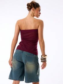 MUSERA Sheer Knit Curved Hem Bandeau Top Vacation Spring Summer Festival Holiday - Purple - View 2