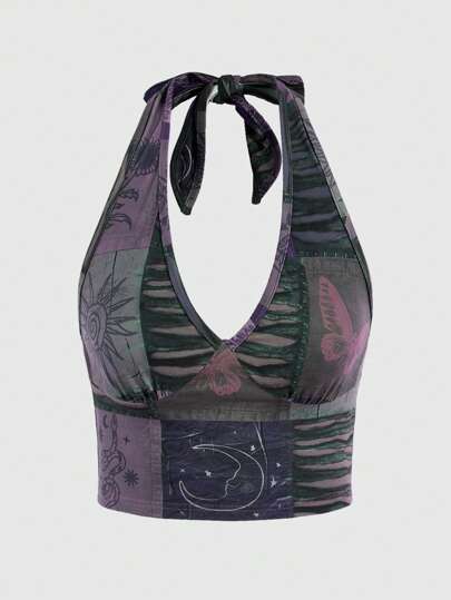 Sexy Gothic Dark Retro Star & Moon Printed Cut-Out Collage Tight Tank Top For Women