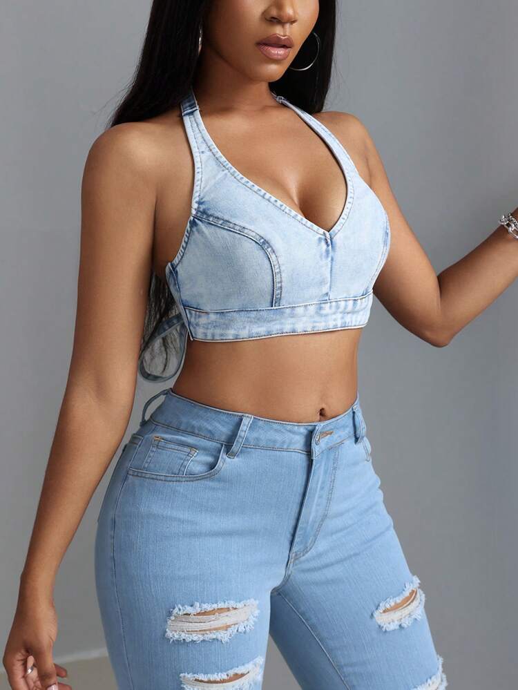 Women's Summer Sexy Strap Backless Cropped Halter Denim Top