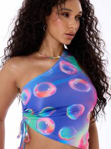 MUSERA Abstract Print Asymmetric Ruched Side Top Summer Ibiza